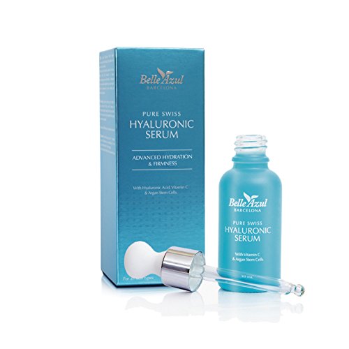 Belle Azul - PURE SWISS - Sérum Facial de Ácido Hialurónico Puro de Alta Calidad Suiza, Con Vitamina C y Células Madre de Argán, 30ML