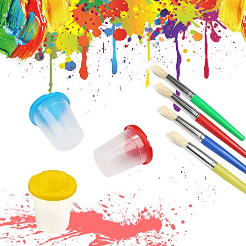 BelleStyle 4 Colores Botes de Pintura a Prueba de Derrames con Tapas y 4 Piezas Colores Surtidos Pinceles de Pintura para Niños