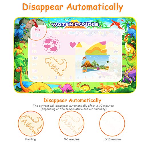 BelleStyle Agua Dibujo Pintura, Estera de Dibujo Agua, 110*70 cm Dinosaurios Alfombra de Agua Doodle con Bolígrafos Mágicos, Plantillas, Moldes, Juego de Sellos y Folleto Juguete Educativo para Niños