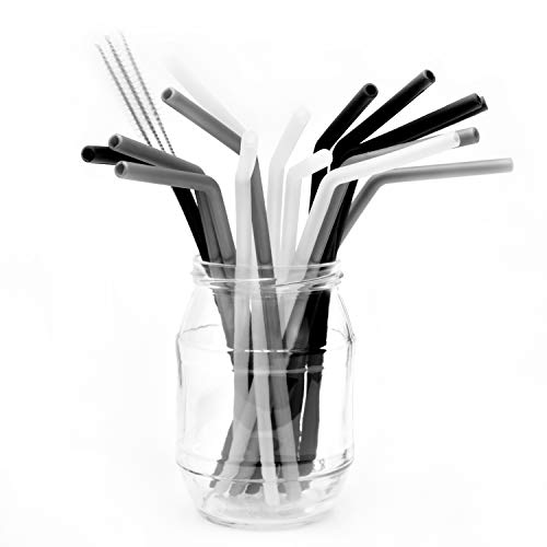 Belmalia 15 Pajitas de Silicona con 3 Cepillos de Limpieza, Reutilizable, Pajitas Elegantes: Negras Plateadas Transparentes