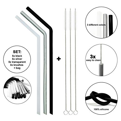 Belmalia 15 Pajitas de Silicona con 3 Cepillos de Limpieza, Reutilizable, Pajitas Elegantes: Negras Plateadas Transparentes