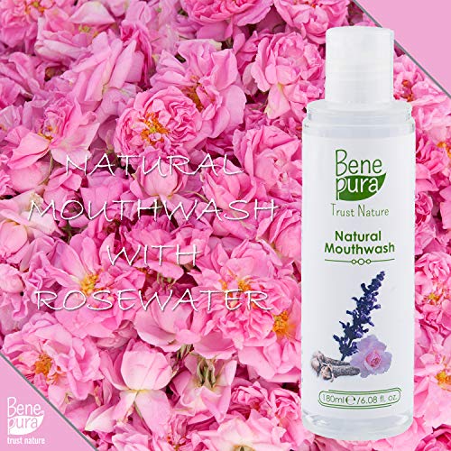 BenePura 100% enjuague bucal natural 180 ml/6.08 fl. onz. Libre de alcohol y fluoruro Agua de rosas y aceites esenciales Acción antibacteriana y antiséptica Refresca el aliento y fortalece las encías