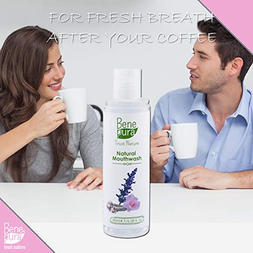 BenePura 100% enjuague bucal natural 180 ml/6.08 fl. onz. Libre de alcohol y fluoruro Agua de rosas y aceites esenciales Acción antibacteriana y antiséptica Refresca el aliento y fortalece las encías