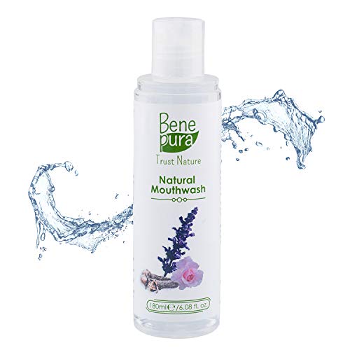 BenePura 100% enjuague bucal natural 180 ml/6.08 fl. onz. Libre de alcohol y fluoruro Agua de rosas y aceites esenciales Acción antibacteriana y antiséptica Refresca el aliento y fortalece las encías