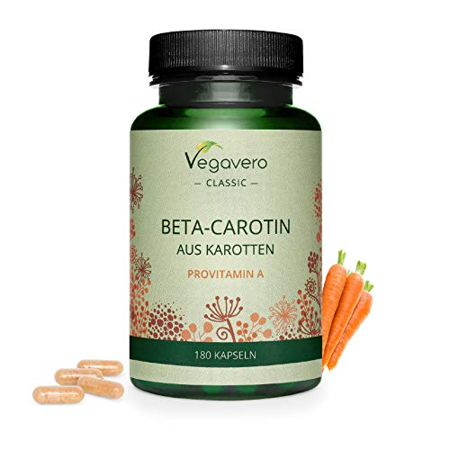 Betacaroteno Vegavero® | 180 Cápsulas | Sin Aditivos Artificiales | El Único Natural: de Extracto de Zanahoria | Acelerador Bronceado + Rico en Vitamina A + Luteína | 7 mg
