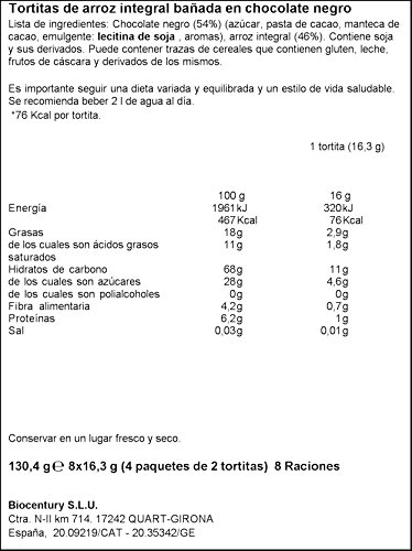Bicentury - Tortitas Nackis - Arroz Integral Con Chocolate Negro - 4 x 32.6 g - [Pack de 7]
