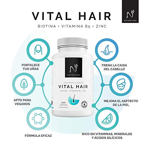 Biotina Vital Hair. Complemento alimenticio a base de vitaminas y minerales (Biotina, Zinc, vitamina B5 y Mijo) para fortalecer y frenar la caída del cabello y reforzar uñas y piel. 120 cápsulas.