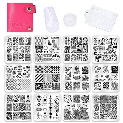 Biutee Set de Stamping Nail Art 12 Pcs Plantillas para Uñas +1pcs Estampador+1pcs Raspador +1 Pcs Bolso Para Placa