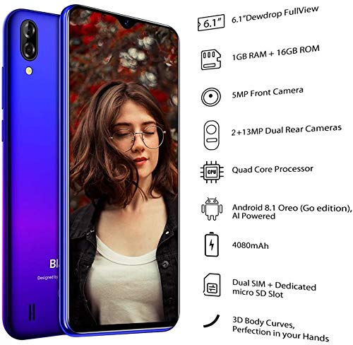 Blackview A60 Teléfono Móvil 16GB ROM (128GB SD), Pantalla 6.1" (19.2:9) Water-Drop Screen Movil, 13MP+2MP+5MP, 4080mAh Batería, Android 8.1 Smartphone Libre Dual SIM, GPS/WiFi/Hotspot-Azul