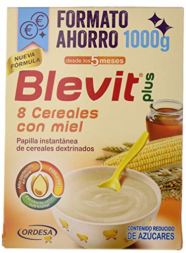 Blevit Plus 8 Cereales Miel, 1 unidad 1000 gr. A partir de los 5 meses, contiene gluten.