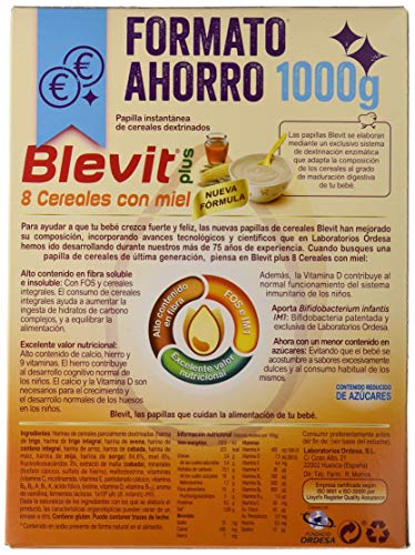 Blevit Plus 8 Cereales Miel, 1 unidad 1000 gr. A partir de los 5 meses, contiene gluten.