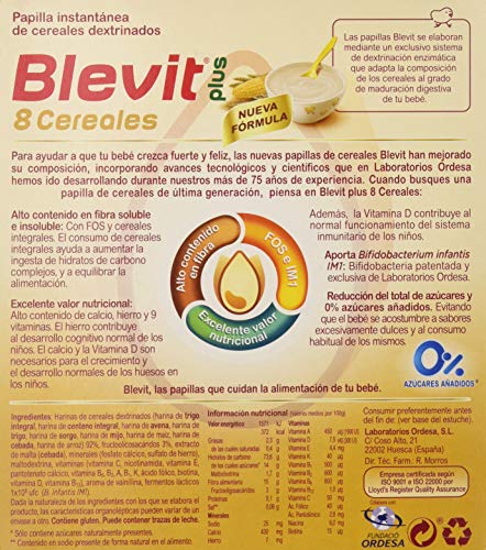 Blevit Plus 8 Cereales para bebé, 1 unidad 600 gr. A partir de los 5 meses, contiene gluten.
