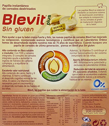 Blevit Plus Sin Gluten, 1 unidad 600grs. Papilla de cereales para bebé elaborada a partir de arroz y maíz. A partir de los 4 meses.