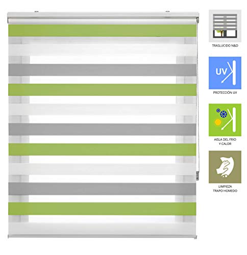 Blindecor Lira Estor Enrollable Doble Tejido, Noche y día,Tricolor 160 x 180 cm, Color Gris Pistacho, Poliéster