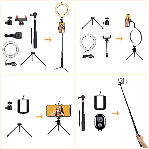 BLOOMWIN Anillo de Luz LED Regulable 8” para Fotografía Aro de Luz con Soporte Trípode Palo Selfie Control Remoto Bluetooth USB para Móvil Youtube Disparo Selfie Video Maquillaje Transmisión en Vivo