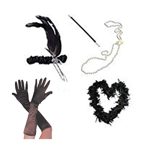 Blue Planet Online - Accesorios para disfraz de charlestón (boa de plumas, cinta para el pelo, collar de perlas, boquilla y guantes), color negro