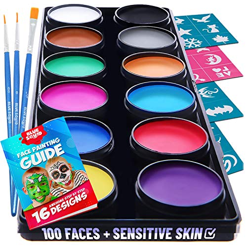 Blue Squid Kit de Pintura Facial para Niños - 30 Plantillas 12 Colores Lavables 3 Pinceles - Pintura de Cara de Calidad Profesional - Segura y para Pieles Sensibles - Maquillaje Halloween y Disfraces