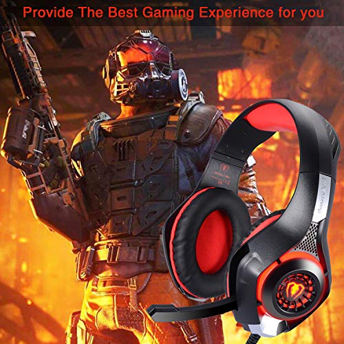 BlueFire Auriculares Gaming PS4, Cascos Gaming Ruido Reducción de Diademas Cerrados Profesional con Micrófono 3.5mm Compatible con PC Xbox One, PS4,Móvil(Rojo)