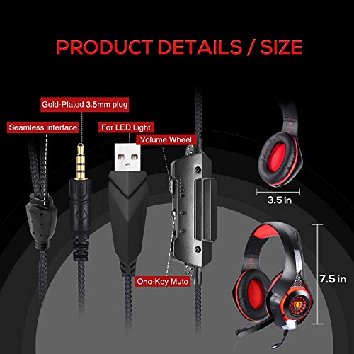 BlueFire Auriculares Gaming PS4, Cascos Gaming Ruido Reducción de Diademas Cerrados Profesional con Micrófono 3.5mm Compatible con PC Xbox One, PS4,Móvil(Rojo)