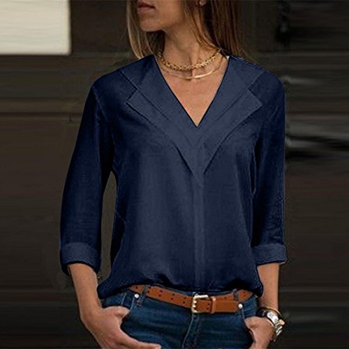 Blusa Gasa Mujer Verano, Forme a Mujeres la Camiseta sólida de la Gasa de la Oficina de Las señoras Plain Roll Sleeve Blusa Tops(M,Armada)