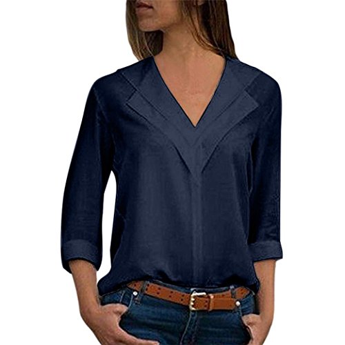 Blusa Gasa Mujer Verano, Forme a Mujeres la Camiseta sólida de la Gasa de la Oficina de Las señoras Plain Roll Sleeve Blusa Tops(M,Armada)