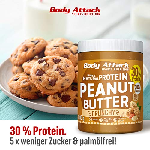 Body Attack Peanut Butter Natural 30% Protein Sugar & Fat Free Crunchy 1 kg