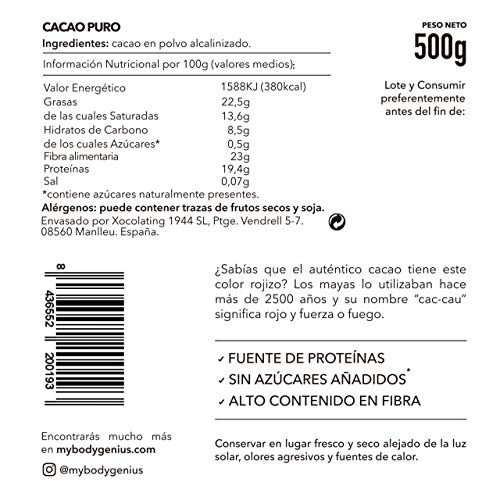 BODY GENIUS Raw Cacao. 2x500g. Cacao Puro en Polvo. Natural. Sin Azúcar. Alto Contenido Antioxidantes. Hecho en España.