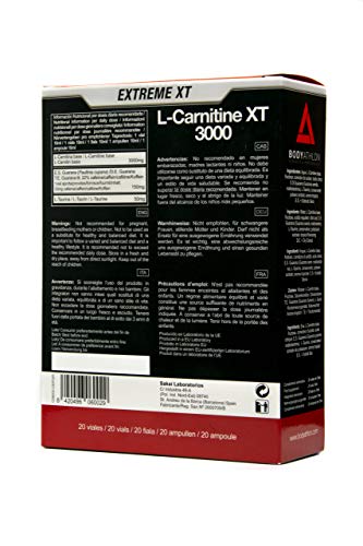 Bodyathlon - L Carnitina 3000 Líquida Extreme XT - Con Taurina y Guaraná - Suplemento Deportivo – Quemagrasas - 20 Viales Sabor Tropical