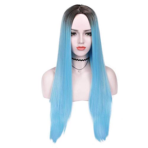 Boenxuan Peluca Negro y Azul Recta Ombre Pelucas para Las Mujeres, Oscuro raíz Abdomen Completo de Curso del Partido del Traje de la Peluca de Las señoras,Azul