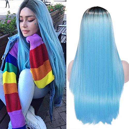Boenxuan Peluca Negro y Azul Recta Ombre Pelucas para Las Mujeres, Oscuro raíz Abdomen Completo de Curso del Partido del Traje de la Peluca de Las señoras,Azul