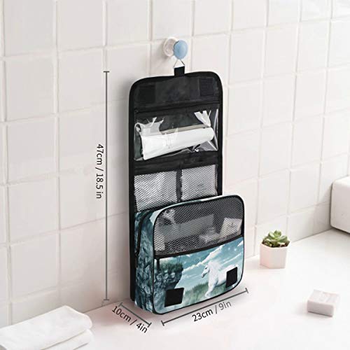 Bolsa de cosméticos Bolsa de aseo Colgante de baño de viaje Mundo misterioso Unicornio Bolsa de almacenamiento de viaje Bolsa de maquillaje portátil Bolsa organizadora para las mujeres