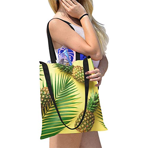 Bolsa de lona para mujer Verano Amarillo Tripical Fruta Piña Palma Bolsa de supermercado Bolsas reutilizables Bolsa de compras Imprimir Gran tamaño Simple Hombro Crossbody Strap Work School Shopper