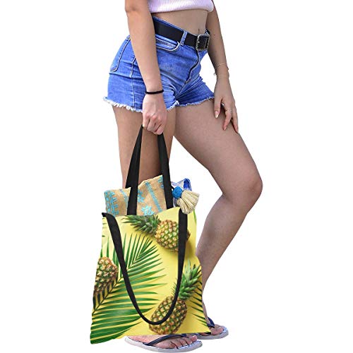 Bolsa de lona para mujer Verano Amarillo Tripical Fruta Piña Palma Bolsa de supermercado Bolsas reutilizables Bolsa de compras Imprimir Gran tamaño Simple Hombro Crossbody Strap Work School Shopper