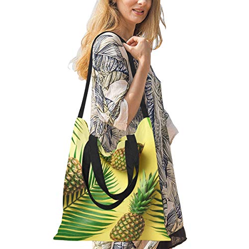 Bolsa de lona para mujer Verano Amarillo Tripical Fruta Piña Palma Bolsa de supermercado Bolsas reutilizables Bolsa de compras Imprimir Gran tamaño Simple Hombro Crossbody Strap Work School Shopper