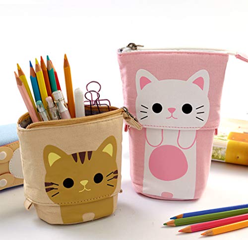 Bolsas telescópicas para lápices Hillento, soporte para lápices, caja de lápices telescópica para gatos organizador de bolígrafos bolsa de papelería, pequeña bolsa de cosméticos con cremallera, rosa