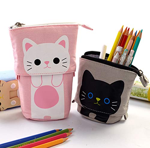 Bolsas telescópicas para lápices Hillento, soporte para lápices, caja de lápices telescópica para gatos organizador de bolígrafos bolsa de papelería, pequeña bolsa de cosméticos con cremallera, rosa