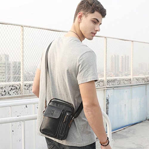 Bolso Mochila de Pecho Bolsos Bandolera, BULL CAPTAIN Hombres Cuero Genuino Bolso de Hombro, Retro Ligero Bolso de Cuerpo Cruzado Cartera Diario para Negocios Deporte Casual Excursionismo Negro