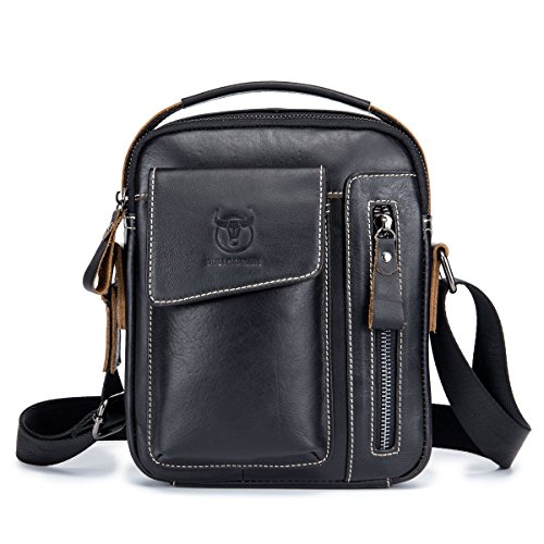Bolso Mochila de Pecho Bolsos Bandolera, BULL CAPTAIN Hombres Cuero Genuino Bolso de Hombro, Retro Ligero Bolso de Cuerpo Cruzado Cartera Diario para Negocios Deporte Casual Excursionismo Negro