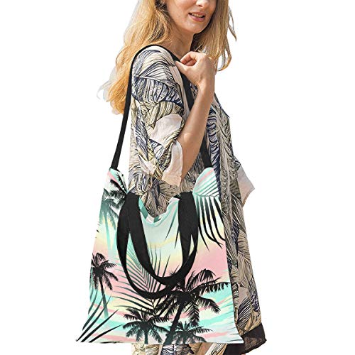 Bolso tote de lona Niños Árbol tropical Hojas de palma de verano Bolsos de compras Bolsas de supermercado plegables Estampado grande Tamaño grande Correa de hombro cruzada simple Trabajo Escuela Comp