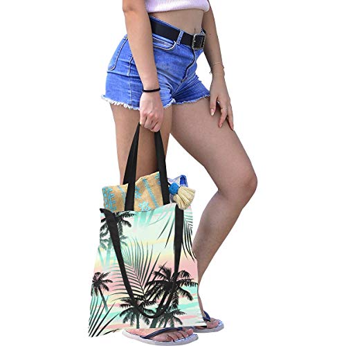 Bolso tote de lona Niños Árbol tropical Hojas de palma de verano Bolsos de compras Bolsas de supermercado plegables Estampado grande Tamaño grande Correa de hombro cruzada simple Trabajo Escuela Comp