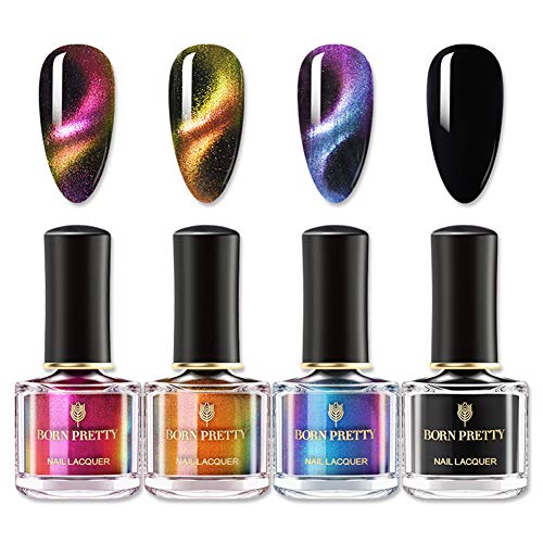 BORN PRETTY 6ml 3D Cat Eyes Chameleon Nail Polish 3 Colors Set, Black Base Polish with Magnet Sticks