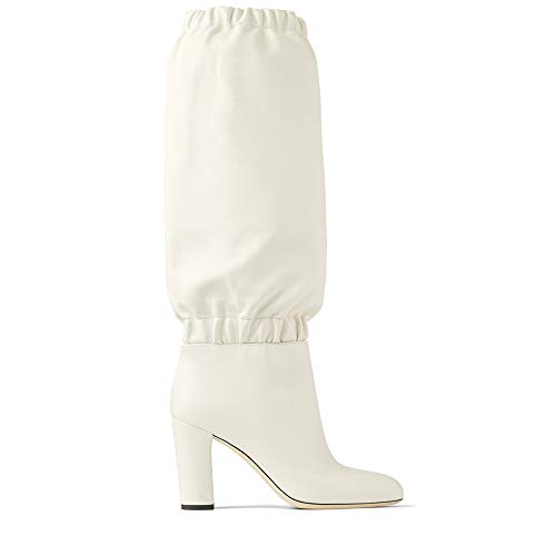 Botas De Becerro De Las Mujeres, Señoras Flojas Botas De Estiramiento Elástico En Punta Acanalada De Arranque, Chunky Bloque Zapatos De Tacón De Invierno, Blanco,Blanco,42