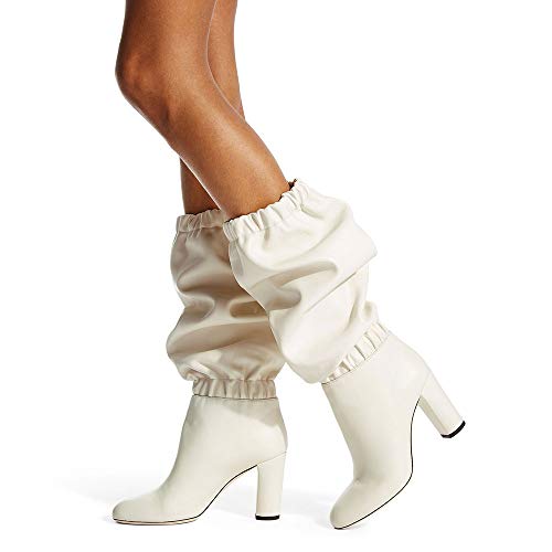 Botas De Becerro De Las Mujeres, Señoras Flojas Botas De Estiramiento Elástico En Punta Acanalada De Arranque, Chunky Bloque Zapatos De Tacón De Invierno, Blanco,Blanco,42