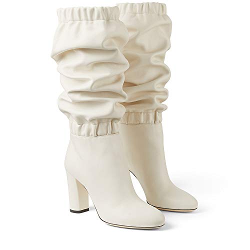 Botas De Becerro De Las Mujeres, Señoras Flojas Botas De Estiramiento Elástico En Punta Acanalada De Arranque, Chunky Bloque Zapatos De Tacón De Invierno, Blanco,Blanco,42