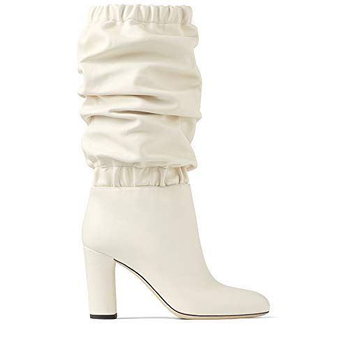 Botas De Becerro De Las Mujeres, Señoras Flojas Botas De Estiramiento Elástico En Punta Acanalada De Arranque, Chunky Bloque Zapatos De Tacón De Invierno, Blanco,Blanco,42