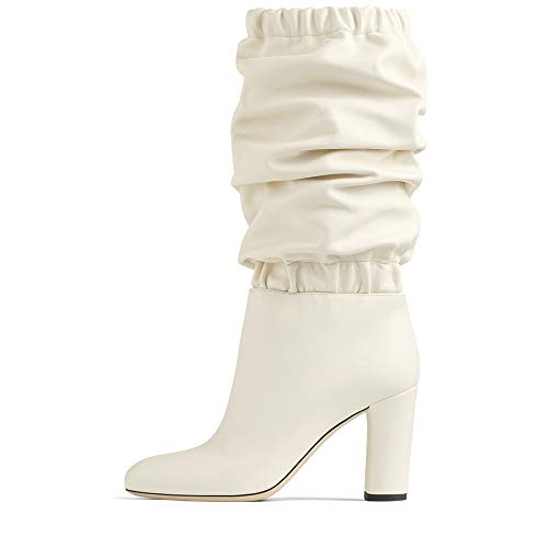 Botas De Becerro De Las Mujeres, Señoras Flojas Botas De Estiramiento Elástico En Punta Acanalada De Arranque, Chunky Bloque Zapatos De Tacón De Invierno, Blanco,Blanco,42