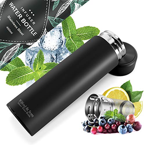 Botella de Agua Térmica Doble Pared + Inserto da Fruta y Filtro para Té | Conserva Frío y Calor sin BPA | Termo Hermético 450ml de Acero Inoxidable | Cantimplora Oficina Deporte Gimnasio Colegio