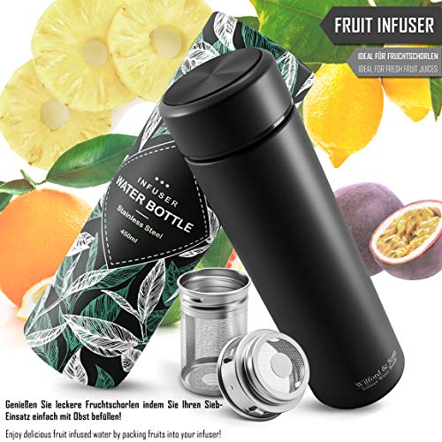 Botella de Agua Térmica Doble Pared + Inserto da Fruta y Filtro para Té | Conserva Frío y Calor sin BPA | Termo Hermético 450ml de Acero Inoxidable | Cantimplora Oficina Deporte Gimnasio Colegio