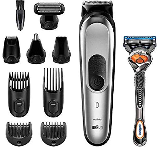 Braun MGK7020 10 en 1, Máquina recortadora barba y cortapelos todo en uno con afeitadora cuerpo, nariz y orejas, afeitadora mini, detalles, color negro/plata