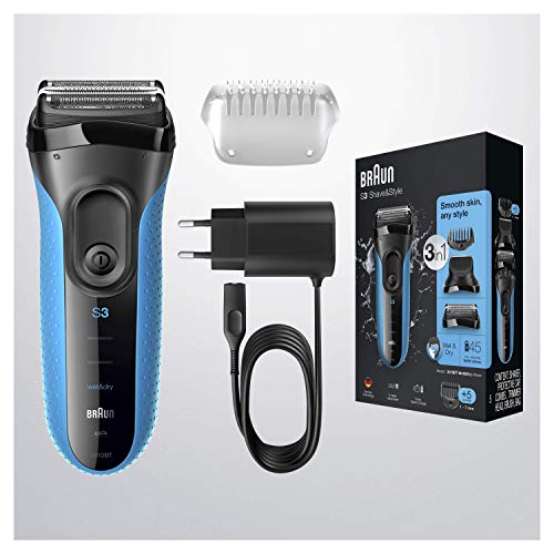 Braun Series 3 Proskin Shave&Style 3010BT, Afeitadora Eléctrica 3 en 1 Wet & Dry para Hombre con Recortadora de Precisión para la Barba y 5 Peines, Recargable e Inalámbrica, Negro/Azul